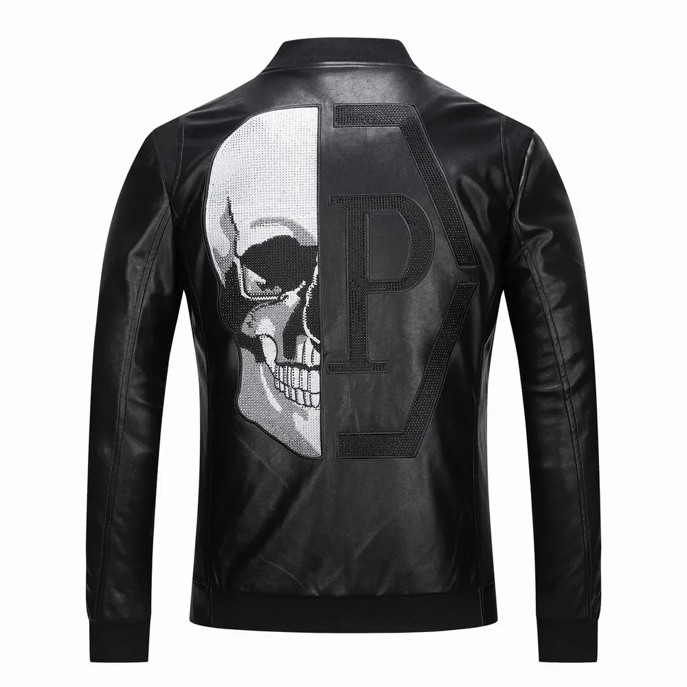 

2024 Skull Rhinestones PU Jackets Men Black High Street Stand-Neck Zipper Rib Sleeve Streetwear Motorcycle Faux Leather Coats