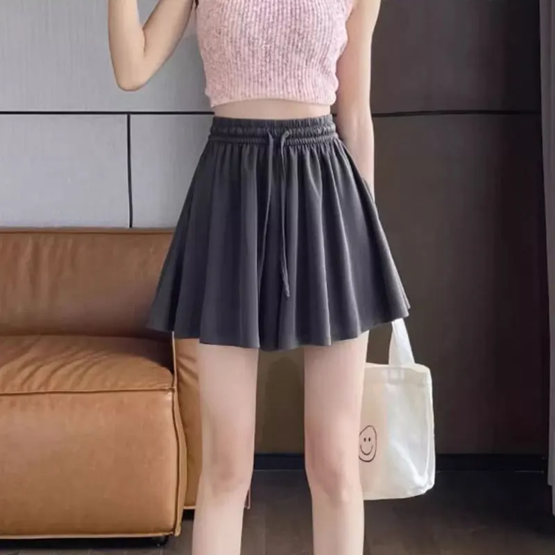 Summer Wide Leg Shorts Skirts High Waist Elastic Fashion Drawstring Basic Female Clothing Solid Color Casual Loose Folds Shorts