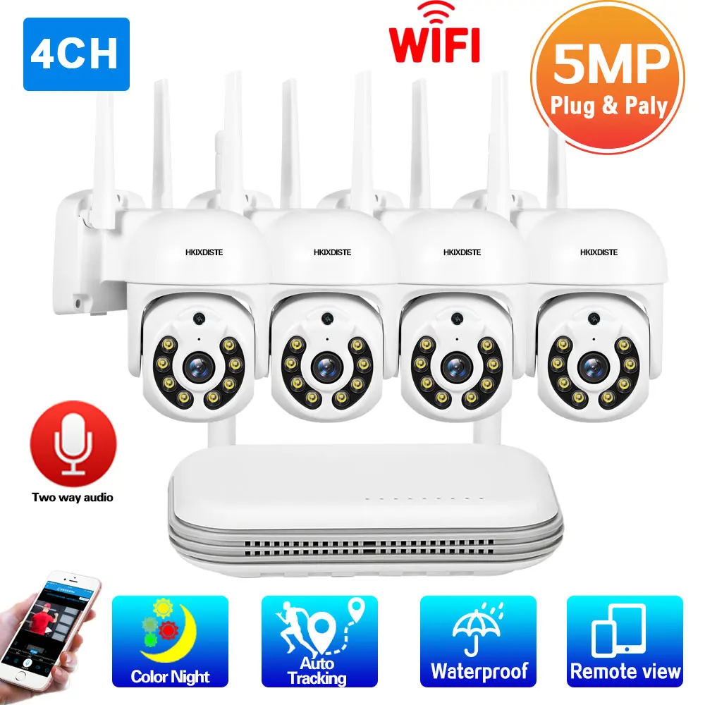 4CH 5MP Wifi PTZ CCTV Camera System 2 Way Audio Security Camera Video Surveillance Kit XMEYE Color Night Vision Wireless NVR Kit