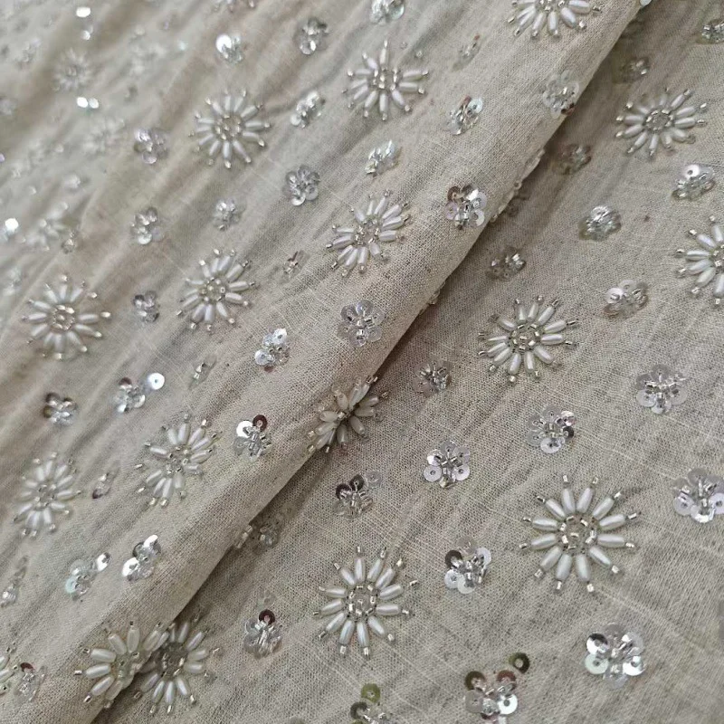 

New heavy-duty sequins and pearl bead embroidery on linen fabric for clothing, designer fabric sold by the meter