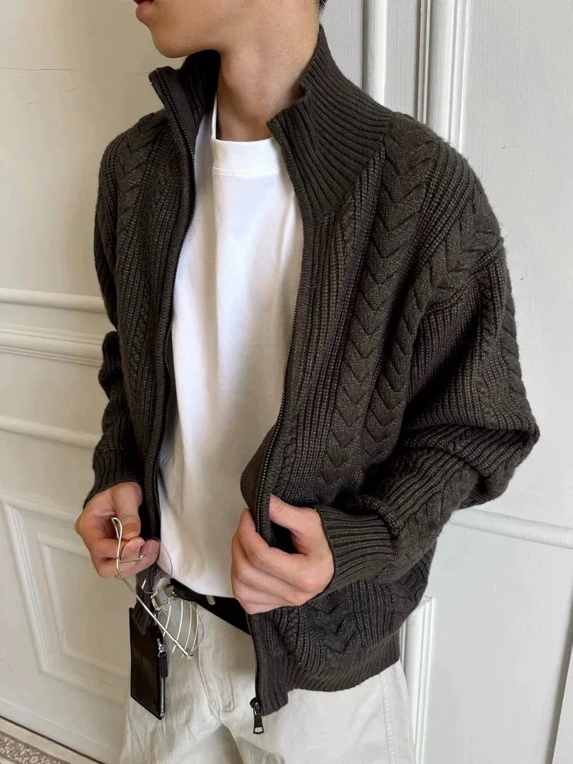 

Thiened Chunky Knit Zipper Sweater Jaet Men's f High Collar Lazy Sle Knitted Open Cardigan Autumn Winter Bla Trend