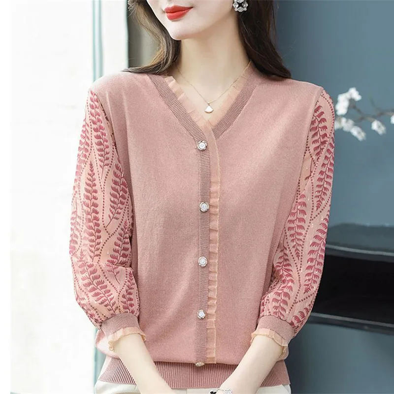 2023 New Spring Autumn Knitted Tops Middle-Aged Elderly Women\'s Blouse T-Shirt Female Chiffon Sleeve Elegant Bottoming Shirt