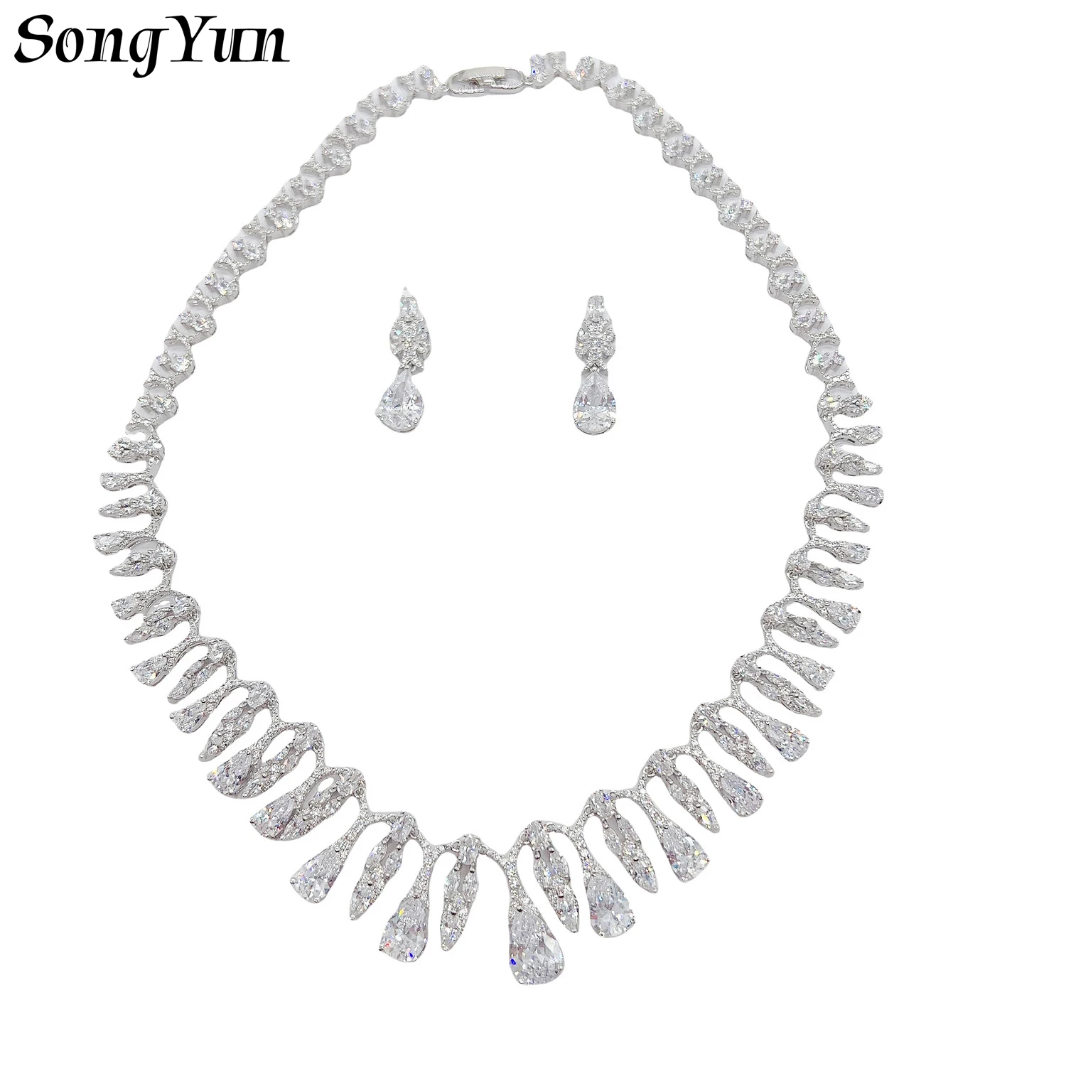 

Hot Selling Simple Sparkling Zircon Water Drop Shape Necklace Earrings Set Engagement Wedding Banquet Bridal Party Jewelry Sets
