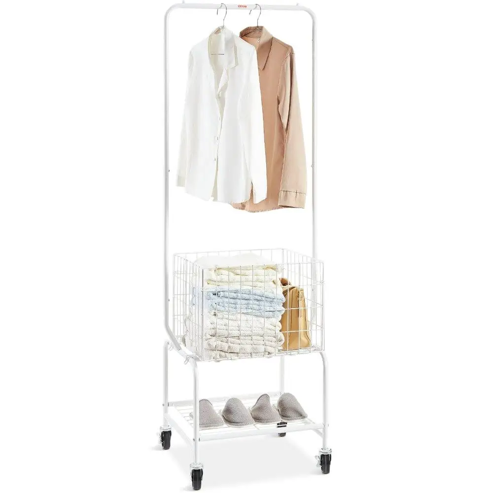 

Metal Rolling Laundry Basket with Adjustable Garment Rack and Lockable Wheels Heavy Duty Storage Organizer Cart