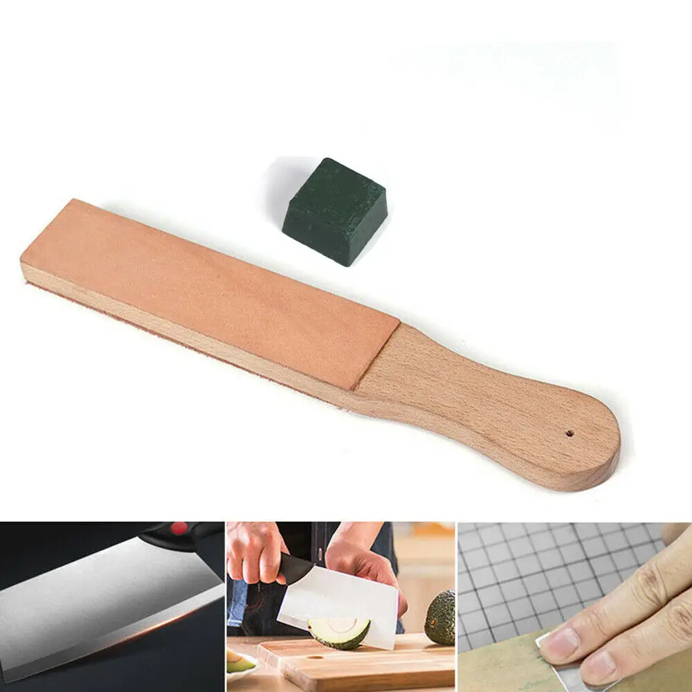 Dual Sided Leather Blade Strop Cutter Razor Sharpener Polishing Wooden Handle Kitchen Knife Sharpener Scissors Sharpening Tool