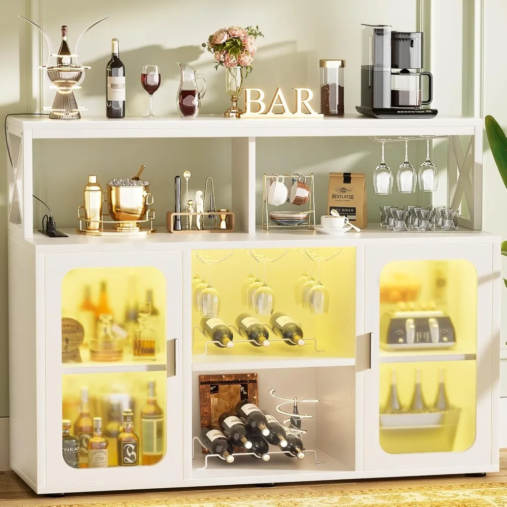 

Bar Cabinet with Power Outlet, LED Lights & Glass Holders – Liquor Storage Buffet for Coffee Bar