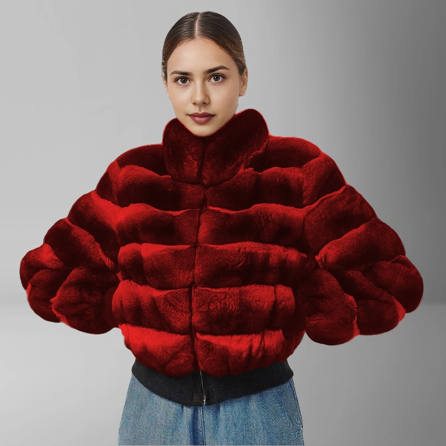 숏 레알 렉스 토끼털 재킷 스탠드 칼라 친칠라 컬러 퍼 코트 봄버 재킷 신상 여성 진짜 가죽 재킷