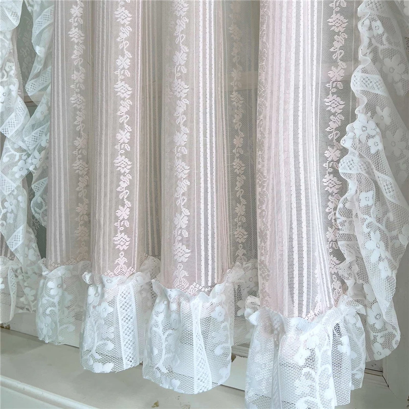 Korean Romantic Pink Striped Flower Lace Sheer Curtain with White Ruffled Lace Rod Pocket For Living Room Bedroom Kitchen