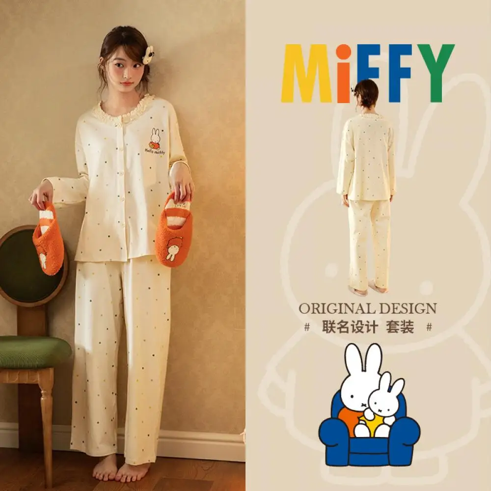 طقم بيجامات أرنب منقط من ميفي قميص وسراويل قطنية ناعمة باللون البيج بأكمام طويلة ملابس نوم للنساء ملابس نوم تصميم أنيمي لطيف #6