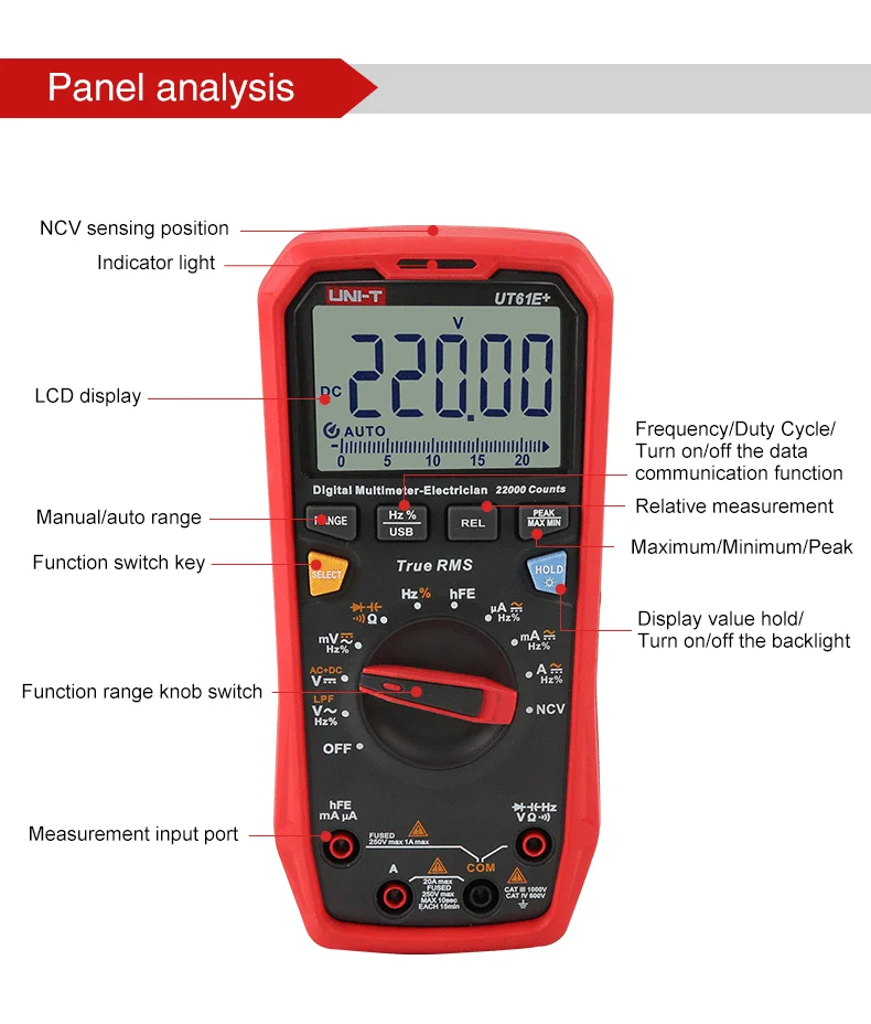 UNI-T-Smart Multímetro Digital, UT61B, UT61D, UT61E Além disso, Profissional Multi Meter, 22000 contagens, AC DC Amperímetro, Voltímetro