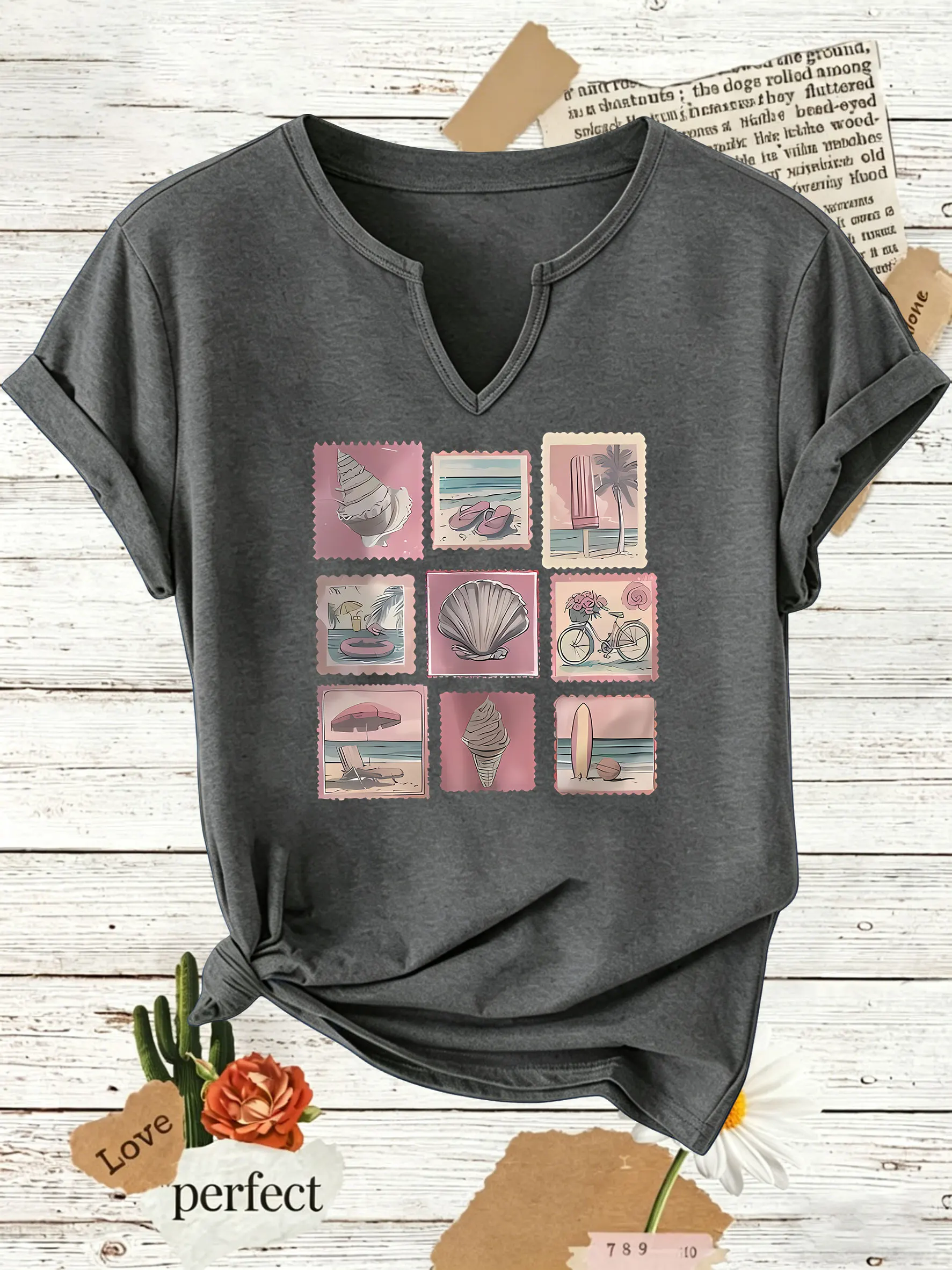 Women Summer V Neck Short Sleeve T Shirt, Vintage Beach Stamp Collage Seashell Surfboard Ice Cream Print, Casual Tee for Ladies