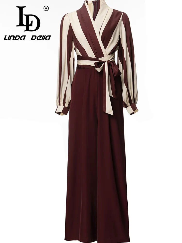 

LD LINDA DELLA Spring Fashion Designer Jumpsuits Women Stripe V Neck Long Sleeves Stripe High Waist Casual Office Jumpsuits