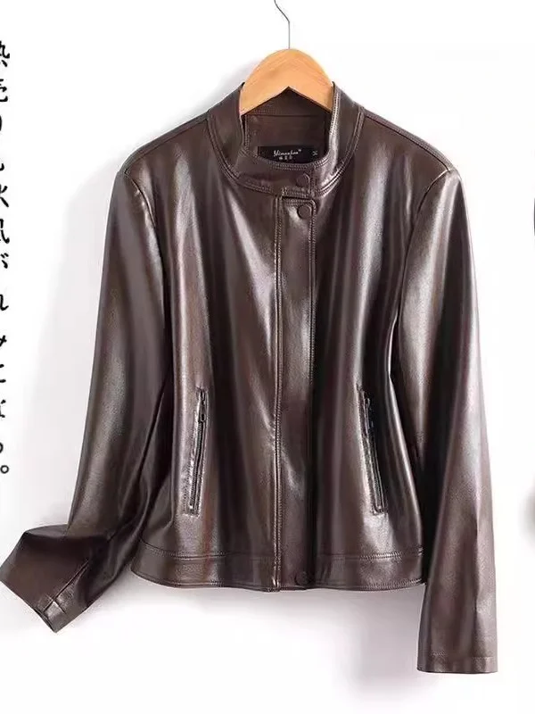 

Ning Genuine Leather Jacket Women's Short Style 2026 New Spring Sheepskin Loose Fit Stand Collar Outerwear Coat