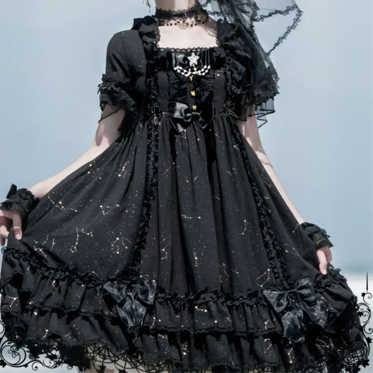 Gothic Square Collar Ruffles Lace Black Dress Women Constellation Print Short Sleeves Dresses Summer Goth Lolita Dress