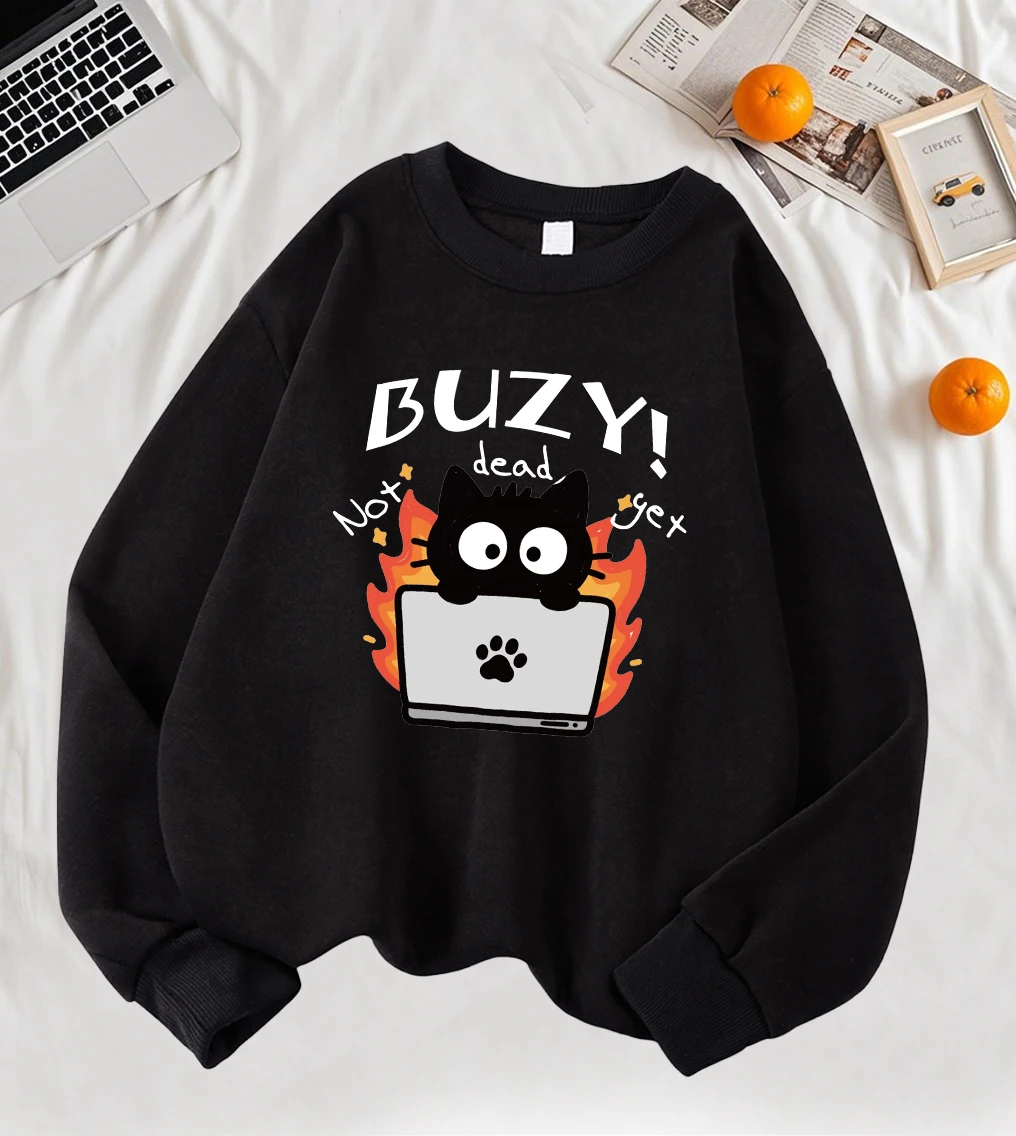 

Creative Busy Working Black Cat Printing Women Sweatshirts Crewneck Comfortable Pullovers Fleece All-Match Women Sportswear