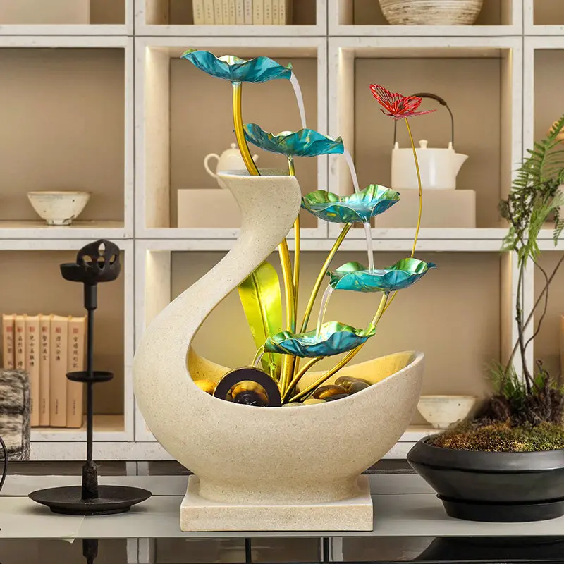 Lotus Leaf Tabletop Water Fountain, Cascading Waterfall Ornament, Freestanding Indoor Water Feature for Living Room Decoration
