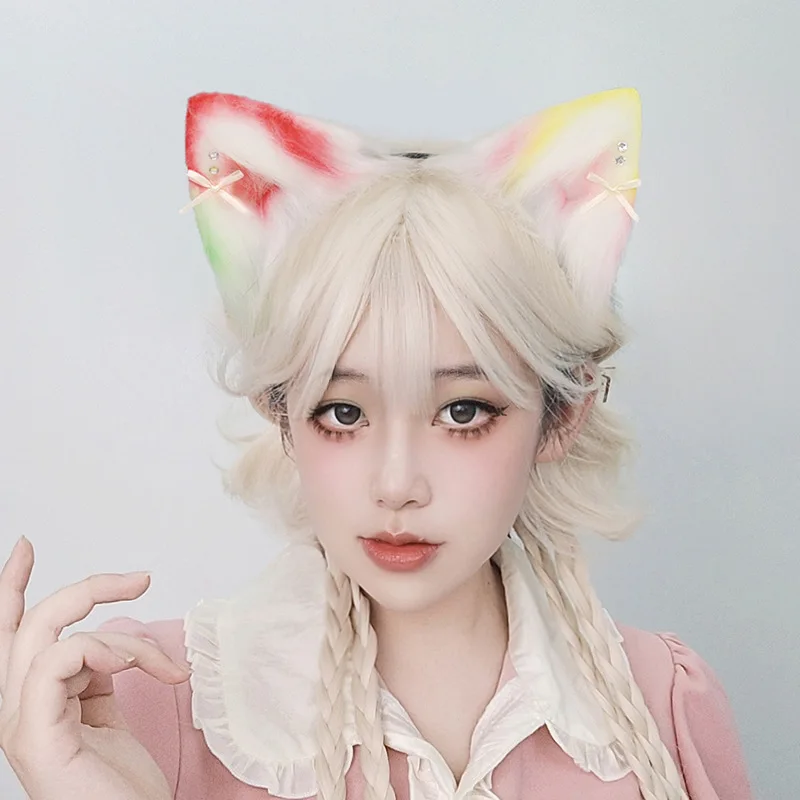 Headband Telinga Kucing Berwarna-warni Gradasi untuk Wanita, Aksesoris Rambut Telinga Binatang Berwarna untuk Pembawa Acara Live Streaming, Cosplay, dan Tari Drag