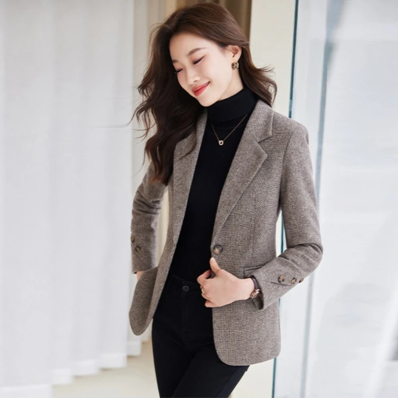 2026 Fashion Autumn Winter Houndstooth Woolen Blazer Women's Small Suit Jacket Single-button Casual Tops Lady Office Slim Coats