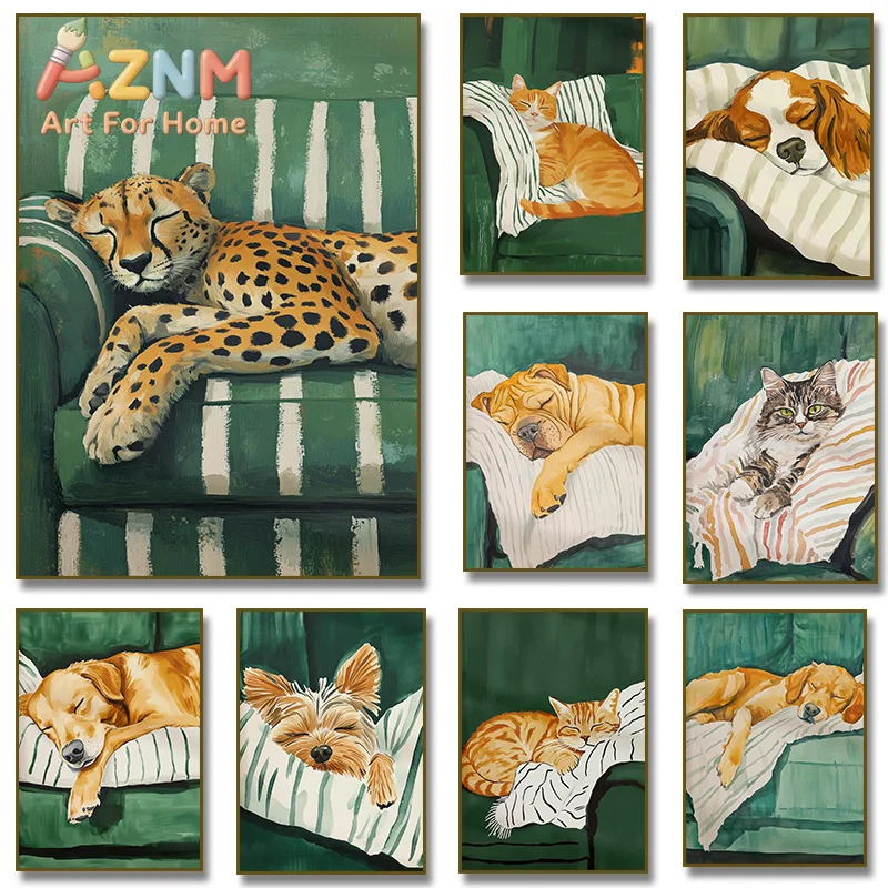 1pc framless Canvas Painting Relaxing Dog on Striped Blanket Poster Pet Lover Gift,Emerald Green Cat Sofa with Cheetah Canvas Pa