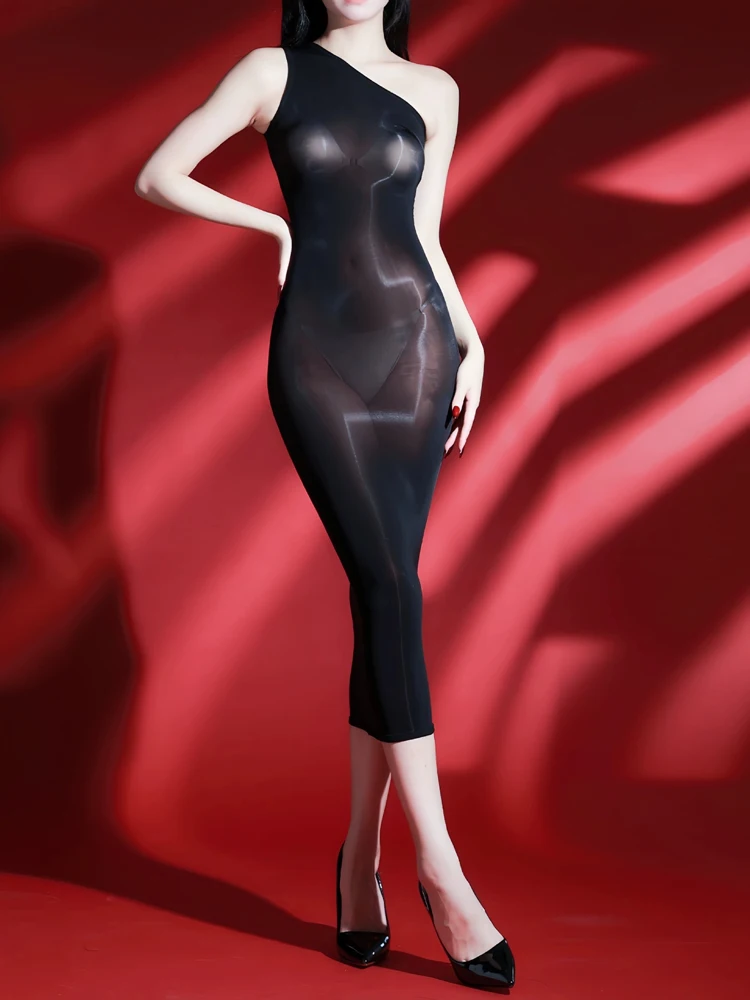 Sexy sem mangas ombro único elegante vestidos longos para mulheres óleo brilhante transparente bodycon magro envoltório hip vestido