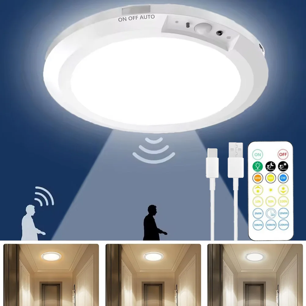 

USB Rechargeable Battery PIR Motion Sensor Ceiling Light 3Colors CCT Dimmable Lamp Remote Control Timer Wireless LED Flush Mount
