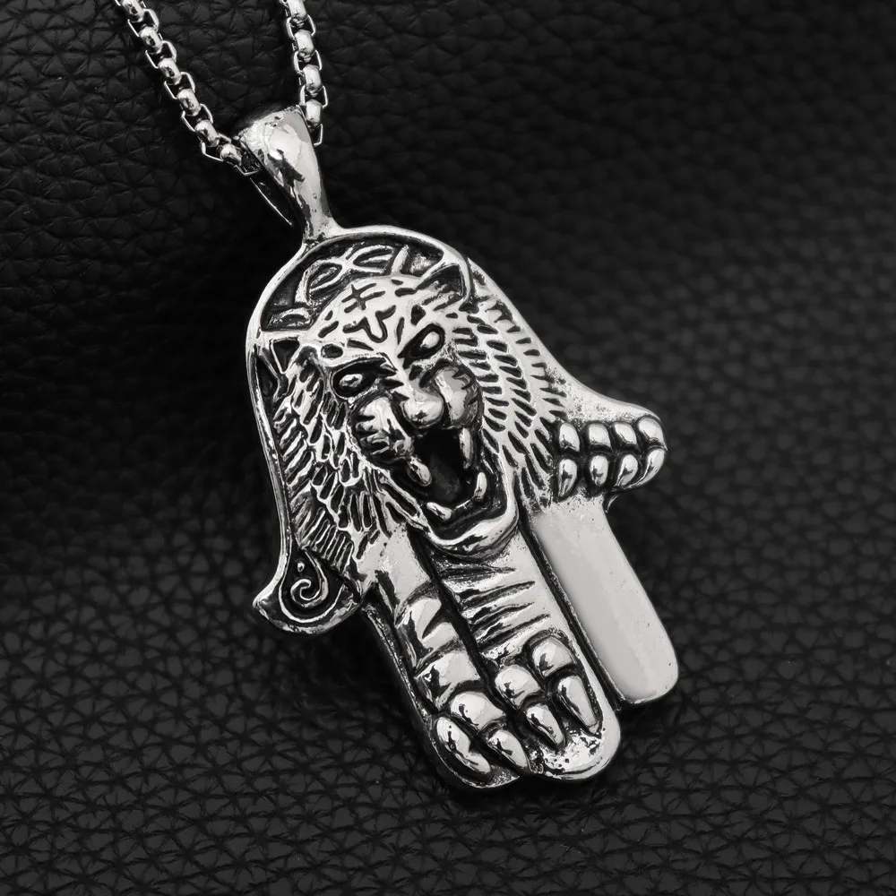 Vintage Fatima Hand Tiger Pendant Charm Men's Necklace Fashion Hip Hop Punk Jewelry Accessories Party Gift Wholesale