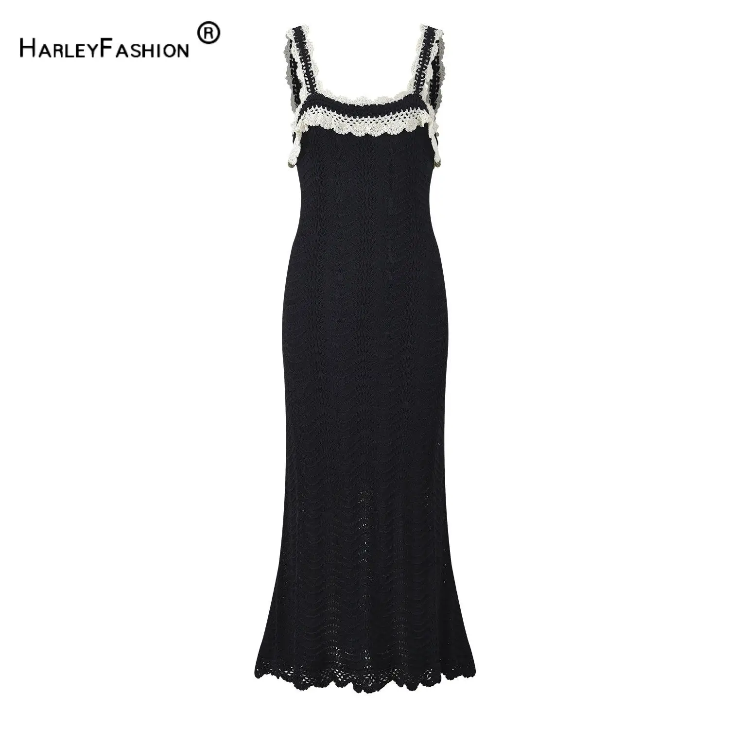 Summer Newest Women 2024 Hollow Out Knitted Designed Mermaid Skirt Slim Fitted Women Long Slip Dress Black