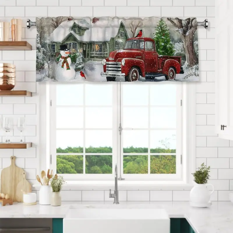 VIKAMA Christmas Window Valance Xmas Town House Snowman Santa Claus Reindeer Sleigh for Kitchen Holiday Window Curtain Decor