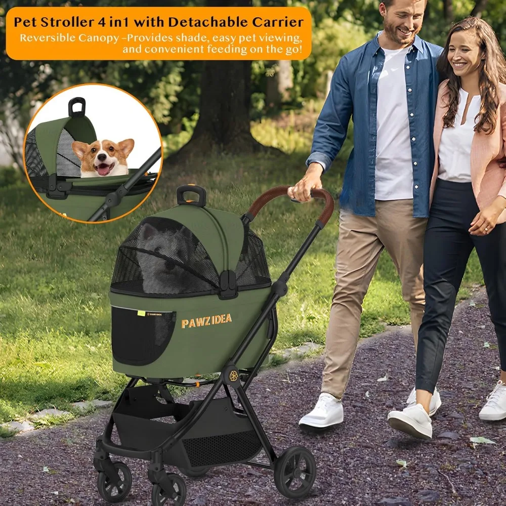 

4-in-1 Pet Stroller with Detachable Carrier, Foldable Dog Cat Travel Crate, Lightweight All-Terrain Wheels