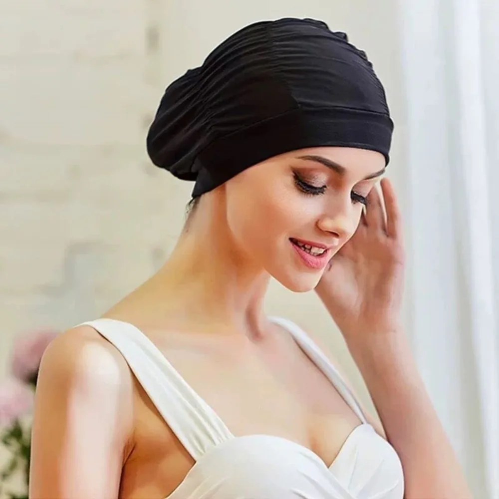 2PCS Portable Polyester Pleated Swimming & Bathing Caps Waterproof Lining Swimming Caps Elastic Caps Swimming Pool