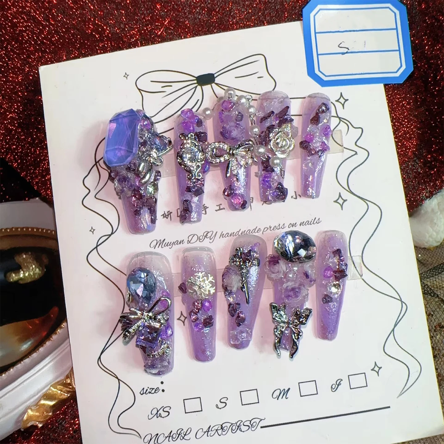 Handmade Y2K Baddie Press On Nails Phantom Purple Extra Long Coffin Purple Glitter 3D Crystal Cross Butterfly Heavy Duty Trendy