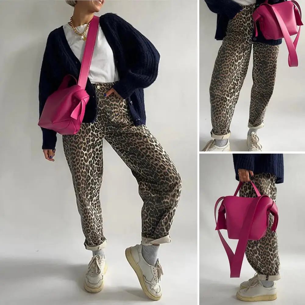 

Sporty Loose-fit Trousers for Women Leopard Print Wide Leg Pants for Women Mid-rise Elastic Waist Trousers for Work Leisure