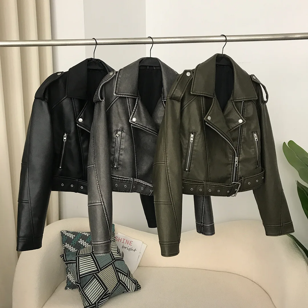 

Ladies Spring Autumn Leather Jacket European American Style New Lapel Short Fashionable Casual Slimming Belt Decor PU Coat Top