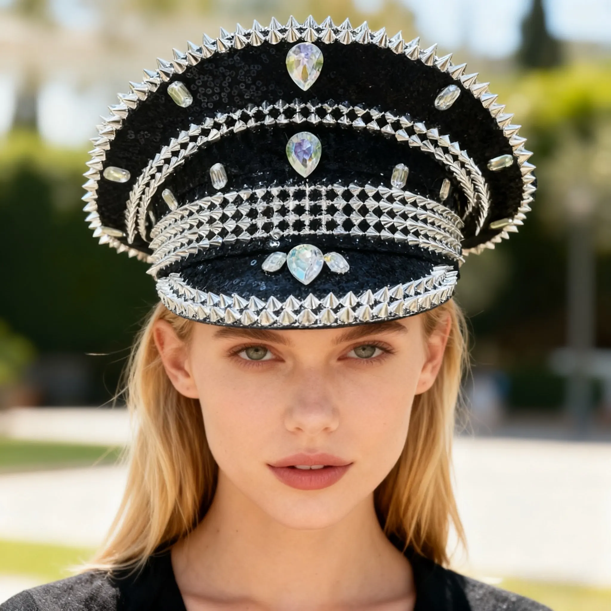 หมวกแฟนซีงานเทศกาลดนตรีหงหลวน หมวกกัปตันประดับเพชรสำหรับงานคาร์นิวัล ผู้หญิง คอสเพลย์ เครื่องประดับสำหรับผู้หญิง