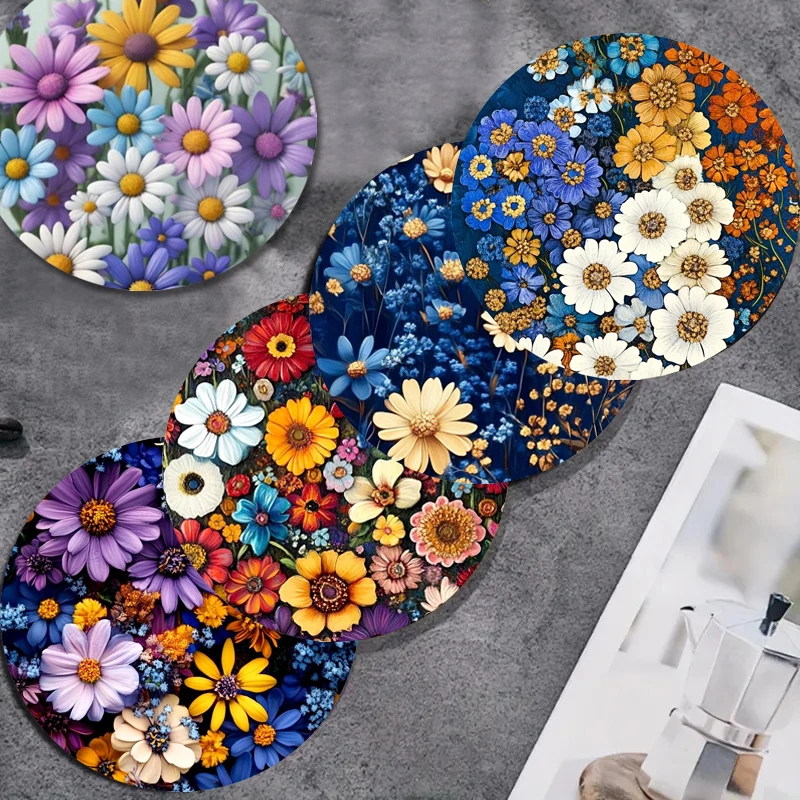 5 wooden anti-slip and heat-insulating coasters with floral patterns, New Year's gifts for the living room and kitchen
