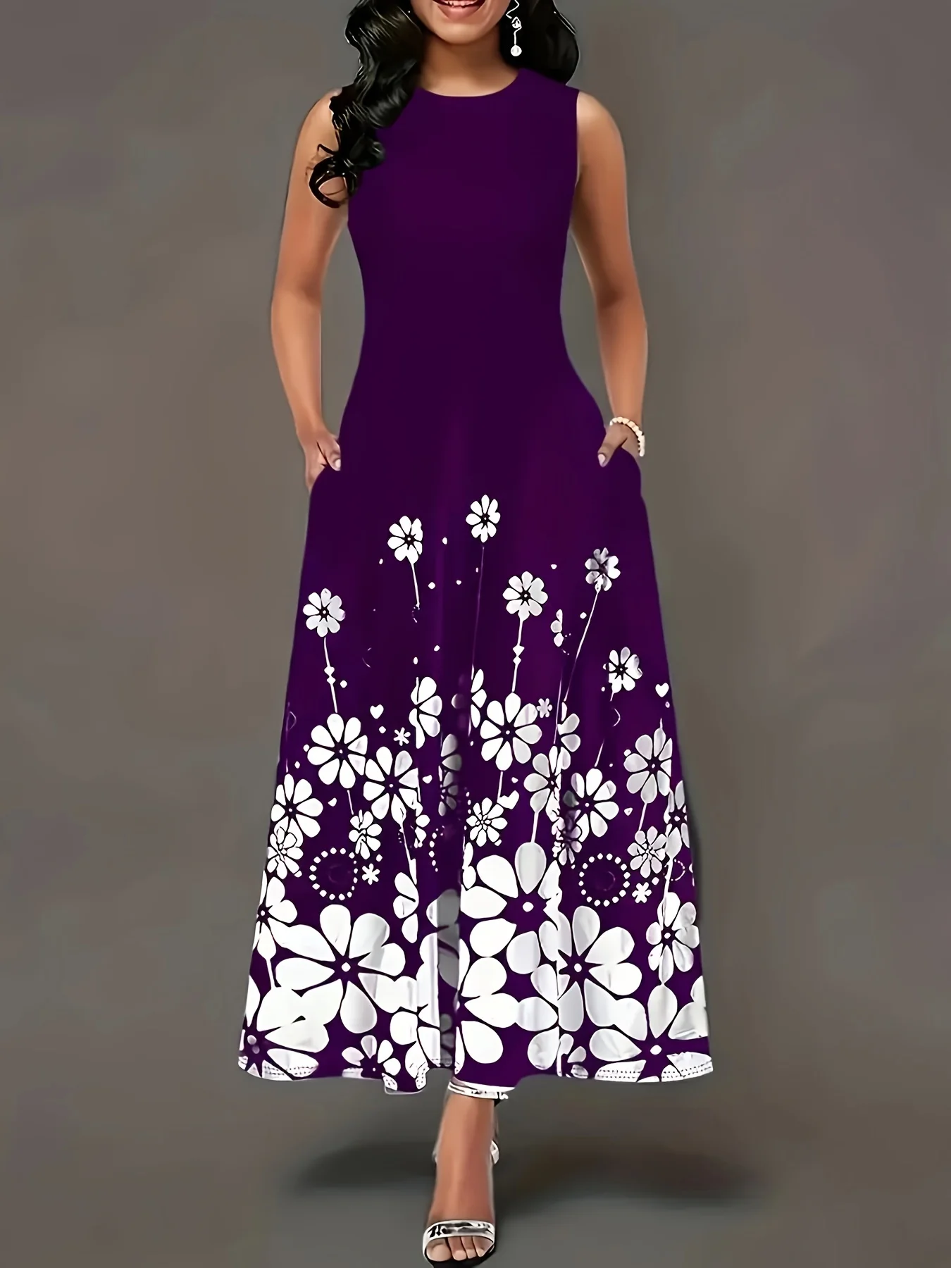 

Plus size women's dress summer new casual sleeveless printed dress countryside fashion round neck simple temperament long skirt
