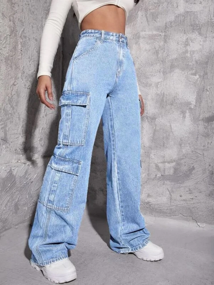 2023 Autumn New Y2K Style Women\'s Cargo Jeans Fashion Loose Denim Straight Leg Pants Street Trendy Trousers XS-L Drop Shipping