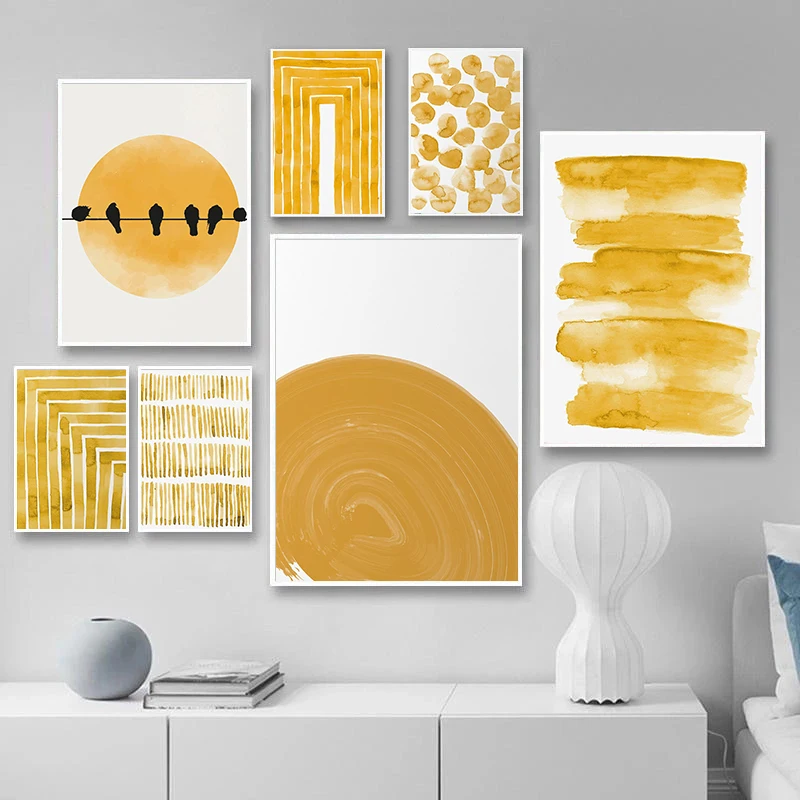 Minimalist Nature and Birds Sun Yellow Scandinavian Abstract Pattern Art Poster Canvas Watercolor Printing Home Wall Decorati