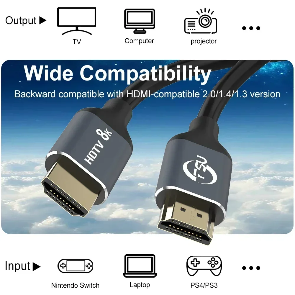 FSU 8k CABLE HDMI compatible,Versão máxima 2.1,48gbps,arandelas de protección de aleación de aluminio,compatible 4k@120hz 4k@60Hz,para proyector de caja de televisión PS4 con distribuidor de interruptores HDMI