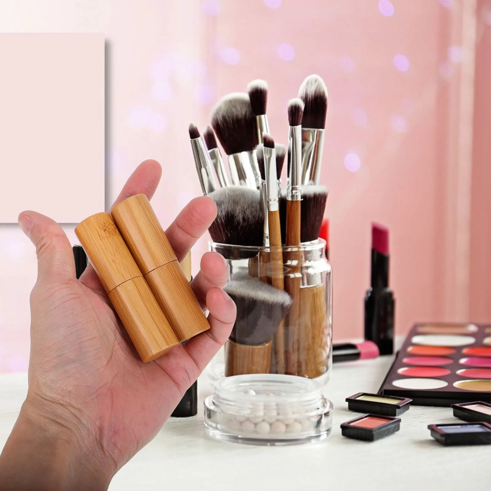 2개입 빈 대나무 립스틱 튜브 스타일리시 휴대용 DIY 립밤 용기 리필 가능한 메이크업 튜브 빈 튜브