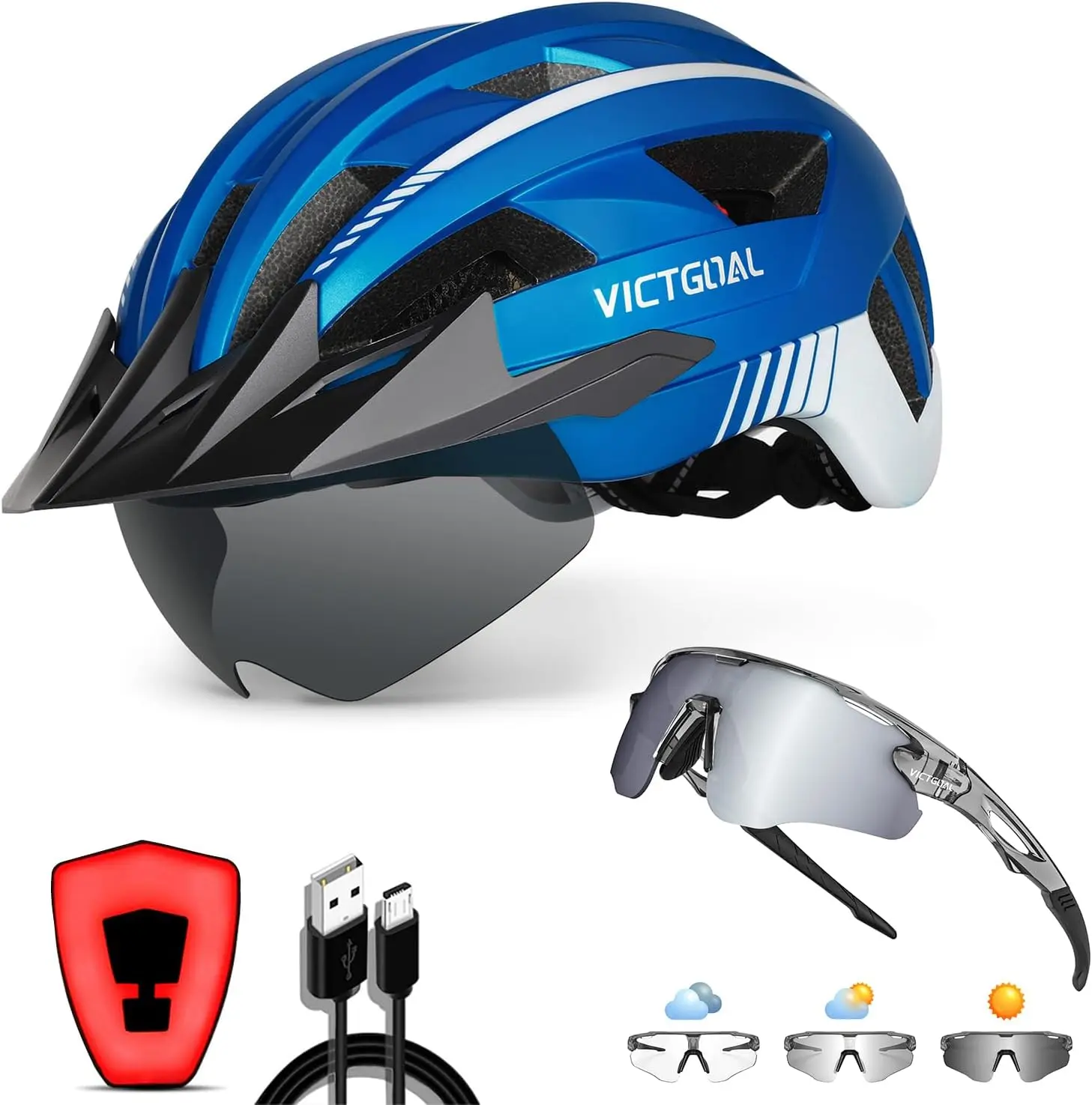 

Bike Helmet with Visor Goggles Rechargeable Light and Grey Photochromic Cycling Glasses for Adult Men and Women