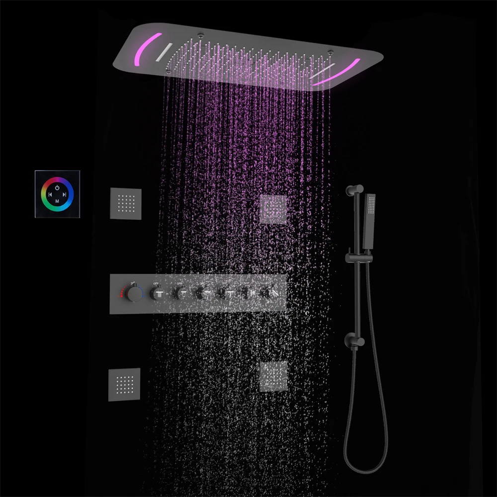 Modern Luxury Ceiling Mounted Shower Faucet Set Large Rain Shower Head LED Body Jets Brass Ceramic Soft Massage Spray Pattern