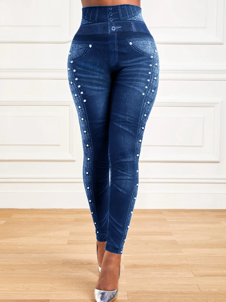 Denim Look Print Beaded PU Leathe Skinny Pants High Waist Leggins