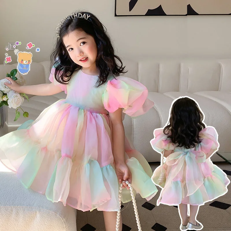Summer Girl Skirt Puff Sleeve Mesh Skirt Rainbow Puffy Princess Press Girl Toddler Bow Round Neck Dress