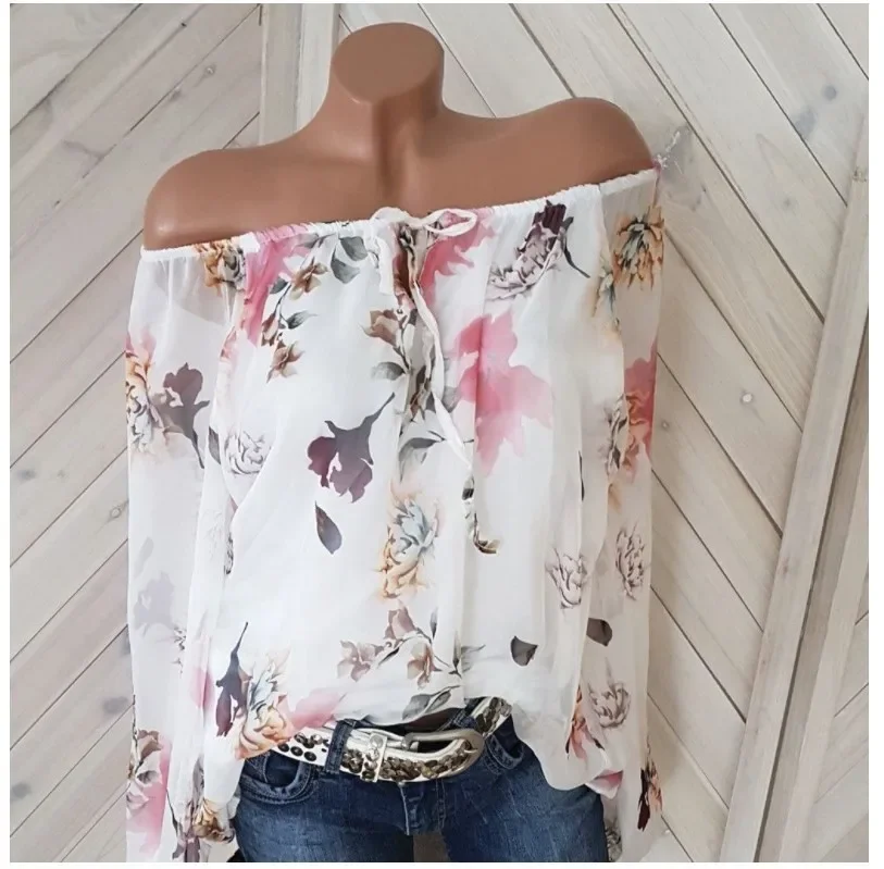 Summer Floral Printed Elegant Fashion Woman Blouses Tops Patchwork Loose Drawstring One Line Collar Vacation Oversized Shirt