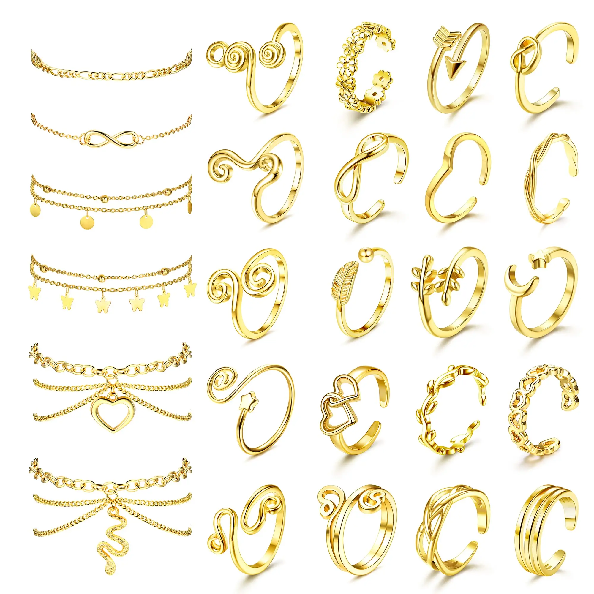 Bobisty Zehenringe Fußkettchen für Damen, vergoldete Fußkettchen, offene Zehenringe, verstellbarer Strand-Fußschmuck für den Sommer