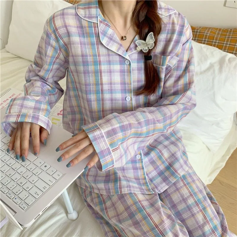 

Pajamas Female Autumn and Winter Long-Sleeved Sweet Nightwear Homewear Two-Piece Set Women Plaid Casual Simple Sleepwear