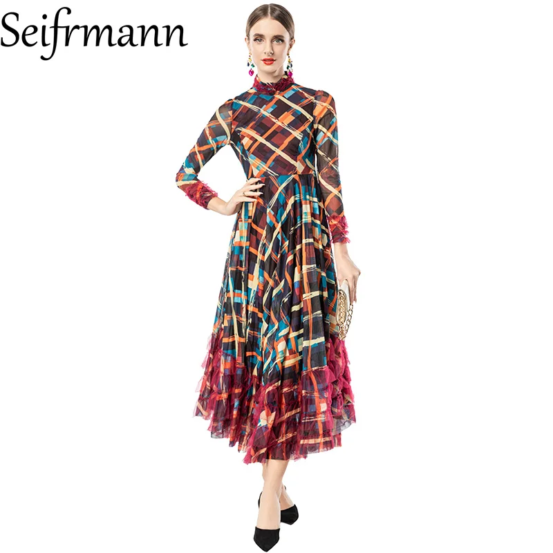 Seifrmann 2026 Spring Women's New Fashionable Stand up Collar Long Sleeve Grid Splicing Mesh Waist Cinching Dress