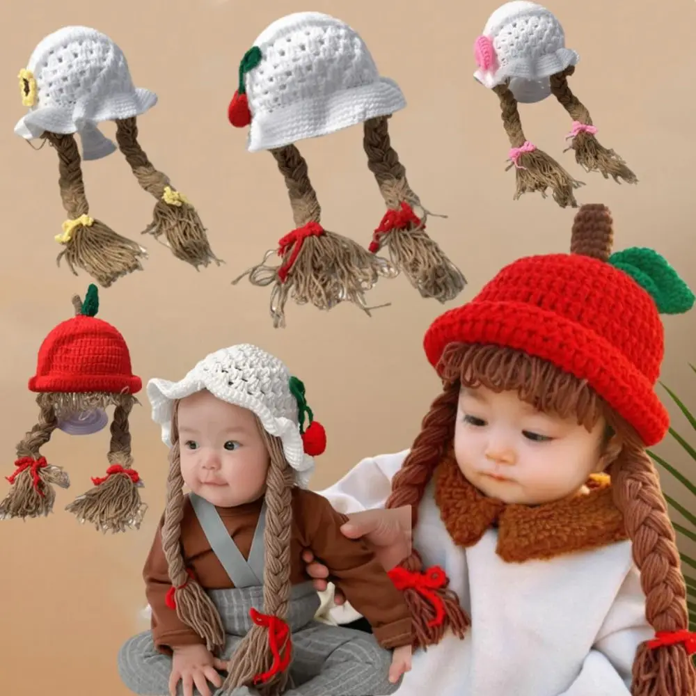 

Модный парик с героями мультфильмов, вязаная шапка с бантом, вишневая детская шапка-бини, вязаная крючком детская теплая шапка для новорожденных