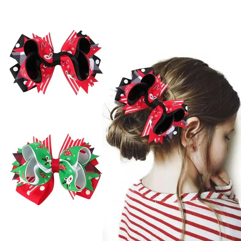 

ncmama 1PCS Cute Christmas Hair Bow Clips for Kids Girls Lovely Snowflake Elk Christmas Tree Print Bow Hairpins Hair Accessories